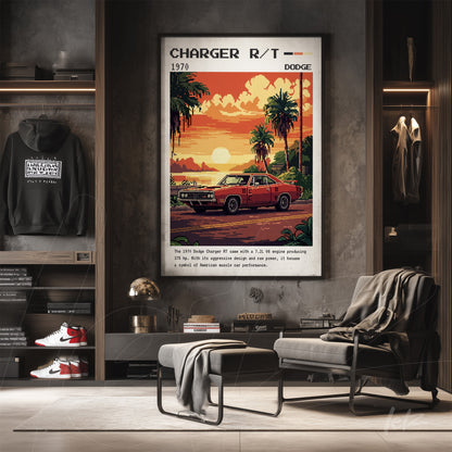 quadro com arte retrô do Dodge Charger R/T 1970 em moldura escura, exibido em ambiente moderno com sofá e roupas penduradas atrás