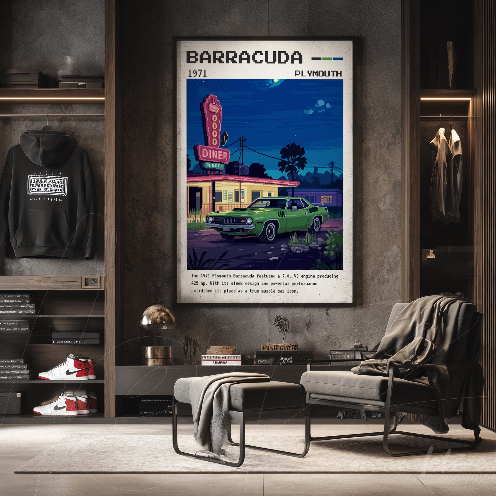 quadro emoldurado com arte retro de um carro Plymouth Barracuda em frente a um diner com neon