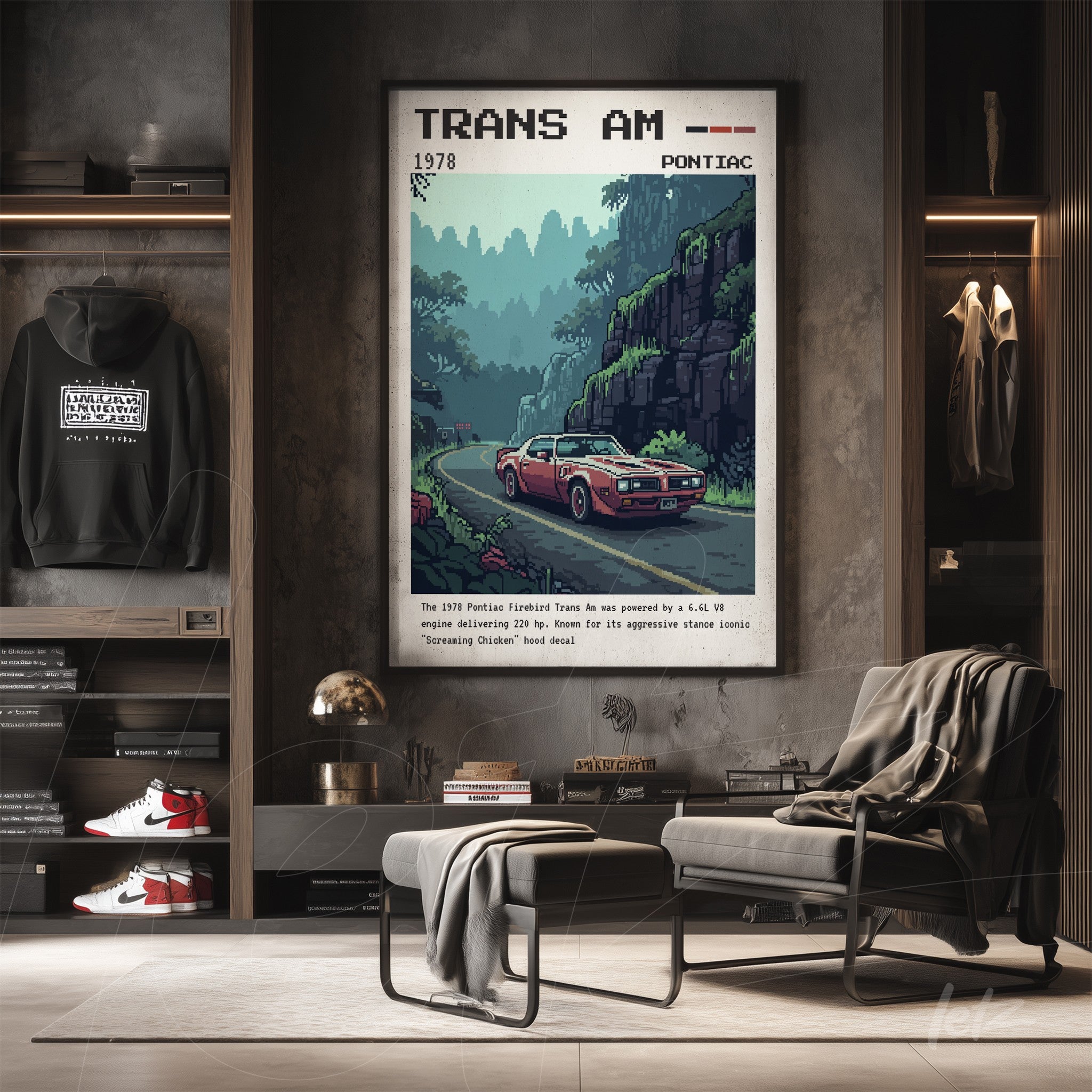 quadro emoldurado com arte retrô do carro Pontiac Trans Am em um cenário montanhoso