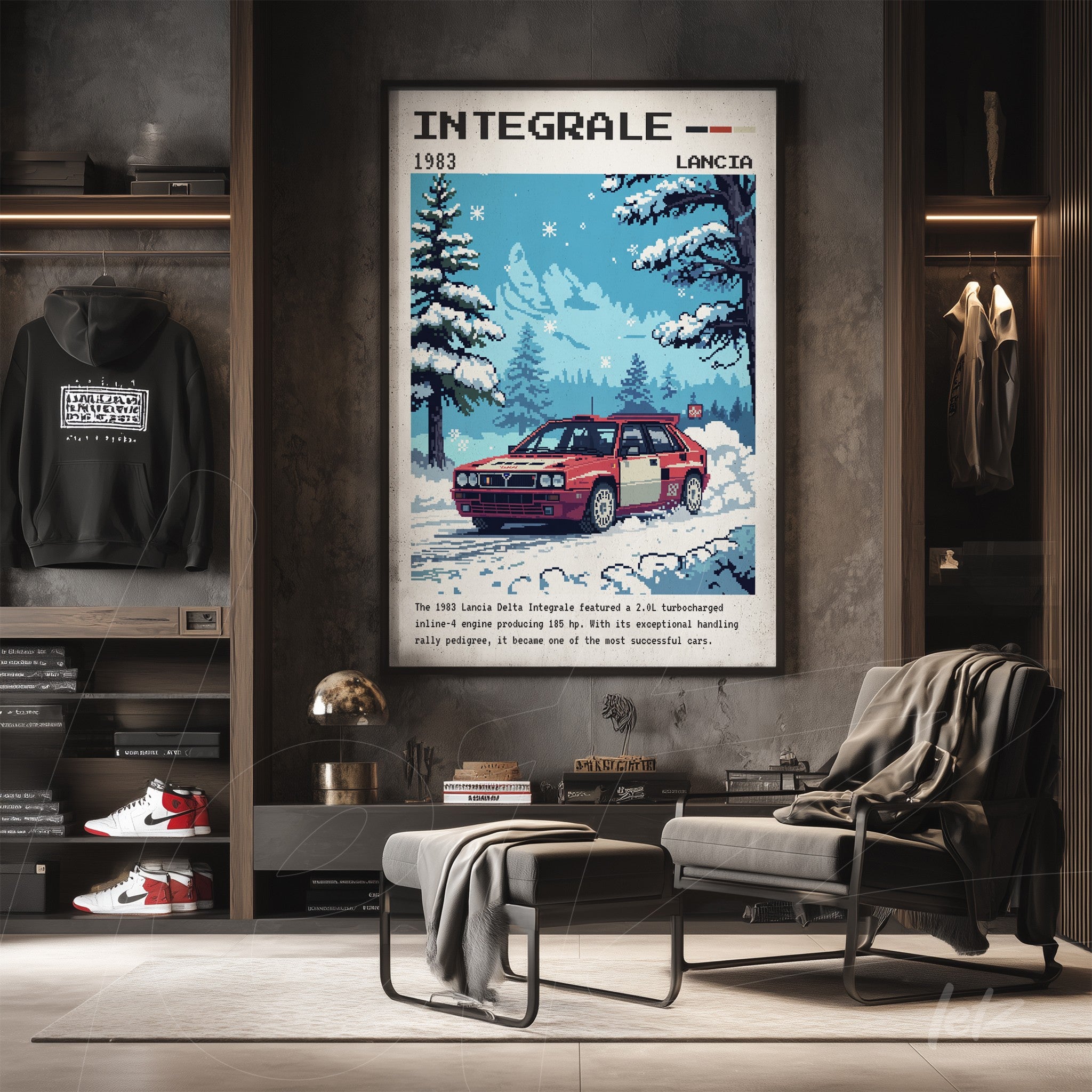 quadro decorativo em estilo retrô com ilustração do carro Lancia Delta Integrale em uma paisagem de inverno