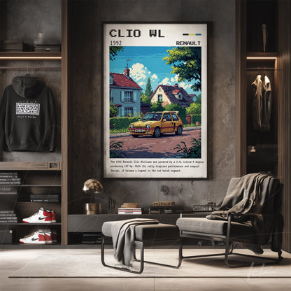 quadro com arte vintage de um carro Renault Clio WL em estilo pixel art, moldura escura e fundo neutro, mostrando uma cena urbana com casas e árvores