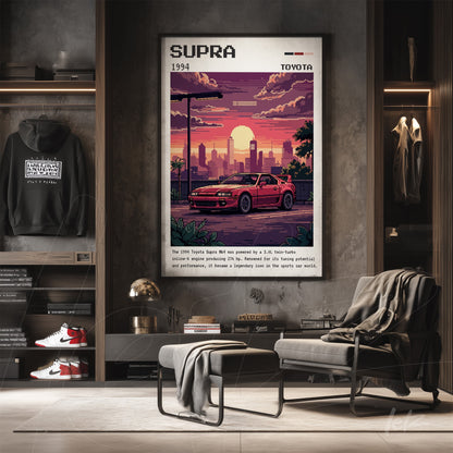 quadro com arte em estilo pixelado do carro Toyota Supra de 1994, exibido em parede de tom neutro com uma poltrona e jaqueta ao fundo