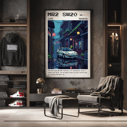 quadro com arte retrô do Toyota MR2 SW20 de 1995 em moldura escura com fundo urbano