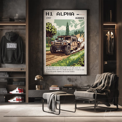 quadro emoldurado com arte digital do veículo Hummer H1 em uma estrada rural repleta de verde, exibido em ambiente moderno com prateleiras e cadeira confortável