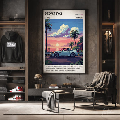 quadro em estilo pixel art de um carro Honda sob um pôr do sol, exibido em uma parede cinza com prateleira de madeira