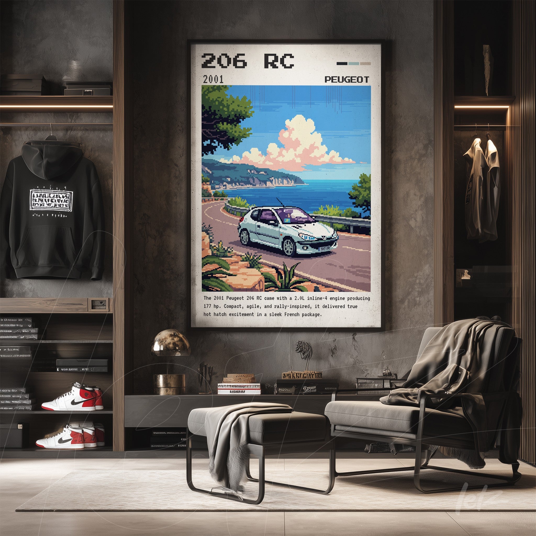 quadro com arte retrô do carro Peugeot 206 RC em moldura clara sobre parede de tijolos