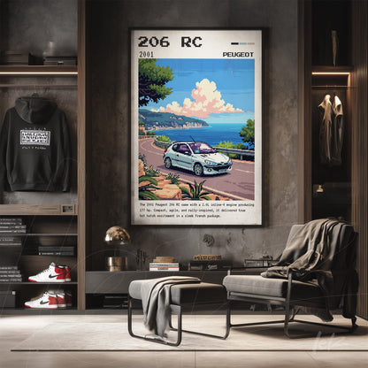 quadro com arte retrô do carro Peugeot 206 RC em moldura clara sobre parede de tijolos