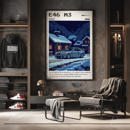 quadro com arte pixelada do carro BMW E46 M3 2003 em moldura clássica exposto em ambiente moderno