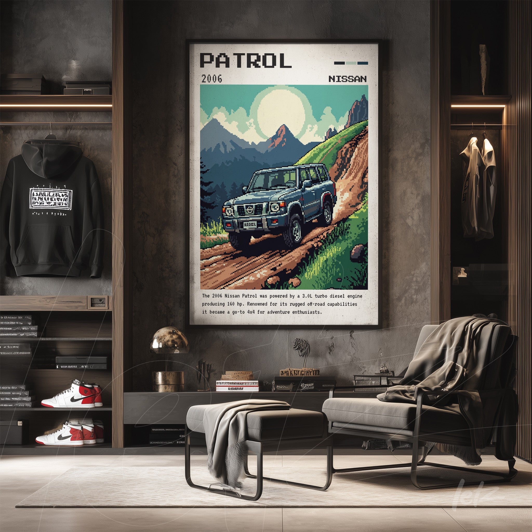 quadro decorativo com ilustração retrô de um Nissan Patrol 2006 em um cenário montanhoso, moldura escura e detalhes em estilo vintage