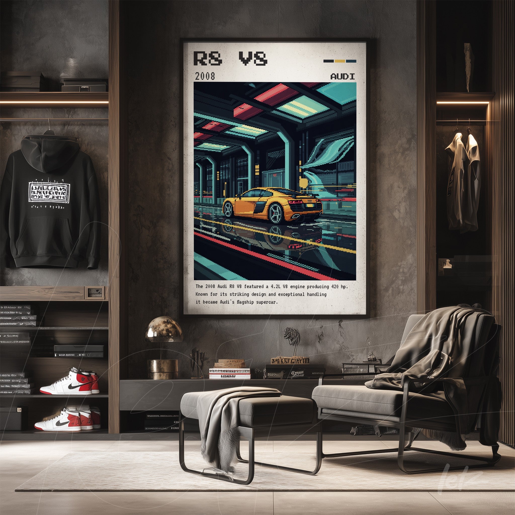 quadro com arte digital do carro Audi R8 V8 em estilização nostálgica disposta em moldura branca sobre parede de madeira clara