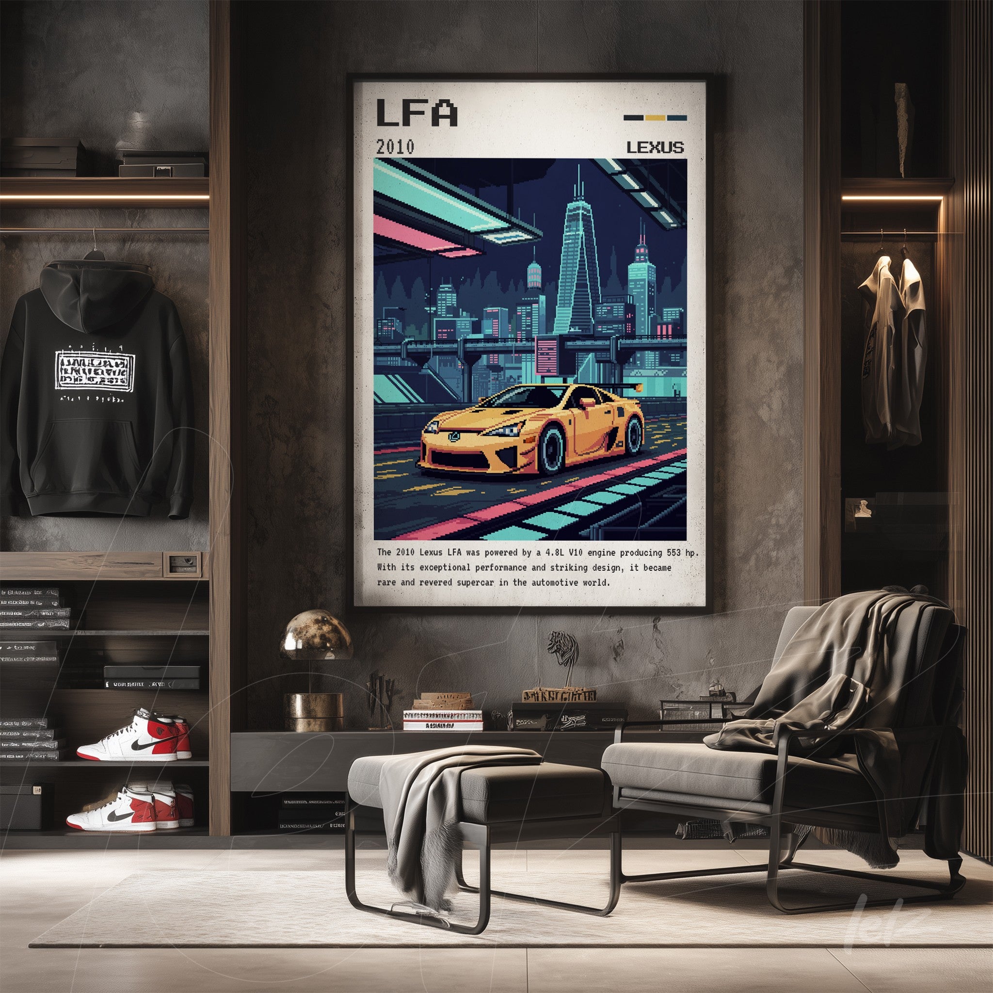 quadro estilo retro da vitrine de um carro esportivo amarelo em uma cidade futurista, com moldura escura