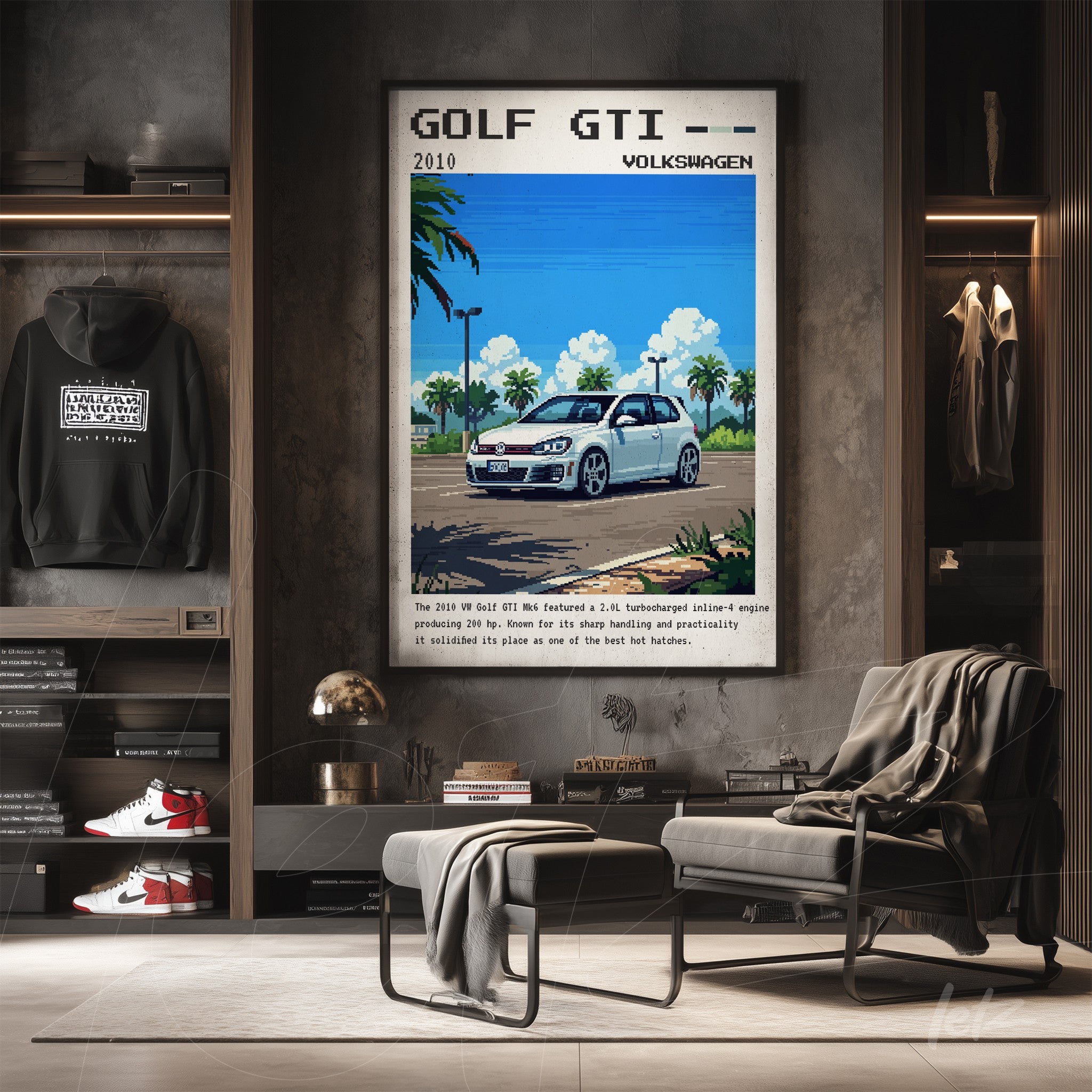 quadro em estilo retrô com ilustração do carro Golf GTI 2010 em moldura preta, exibido em ambiente moderno com sofá e roupas
