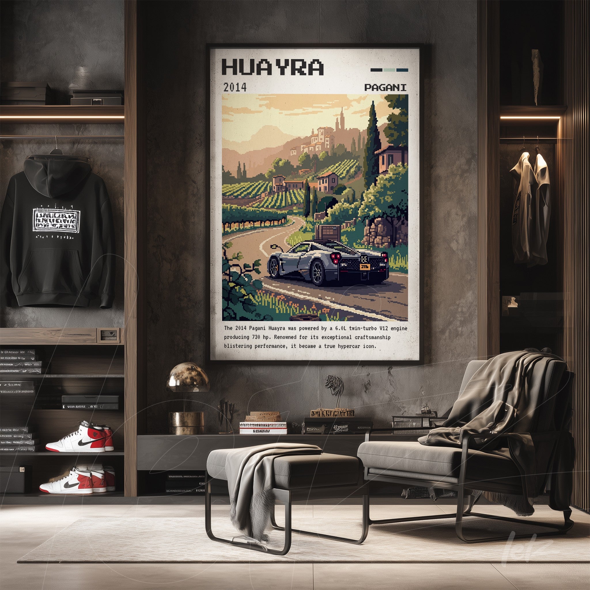 quadro com arte inspirada no carro Huayra da Pagani, retratando uma paisagem italiana com uma estrada sinuosa e colinas ao fundo, exibido em moldura preta