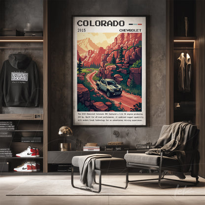 quadro com arte pixelada do carro Chevrolet Colorado em uma paisagem montanhosa com detalhes em vermelho e marrom, moldura preta
