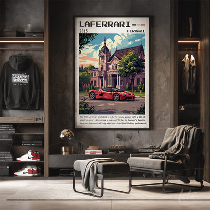 quadro com arte digital do carro LaFerrari em frente a uma mansão, moldura escura