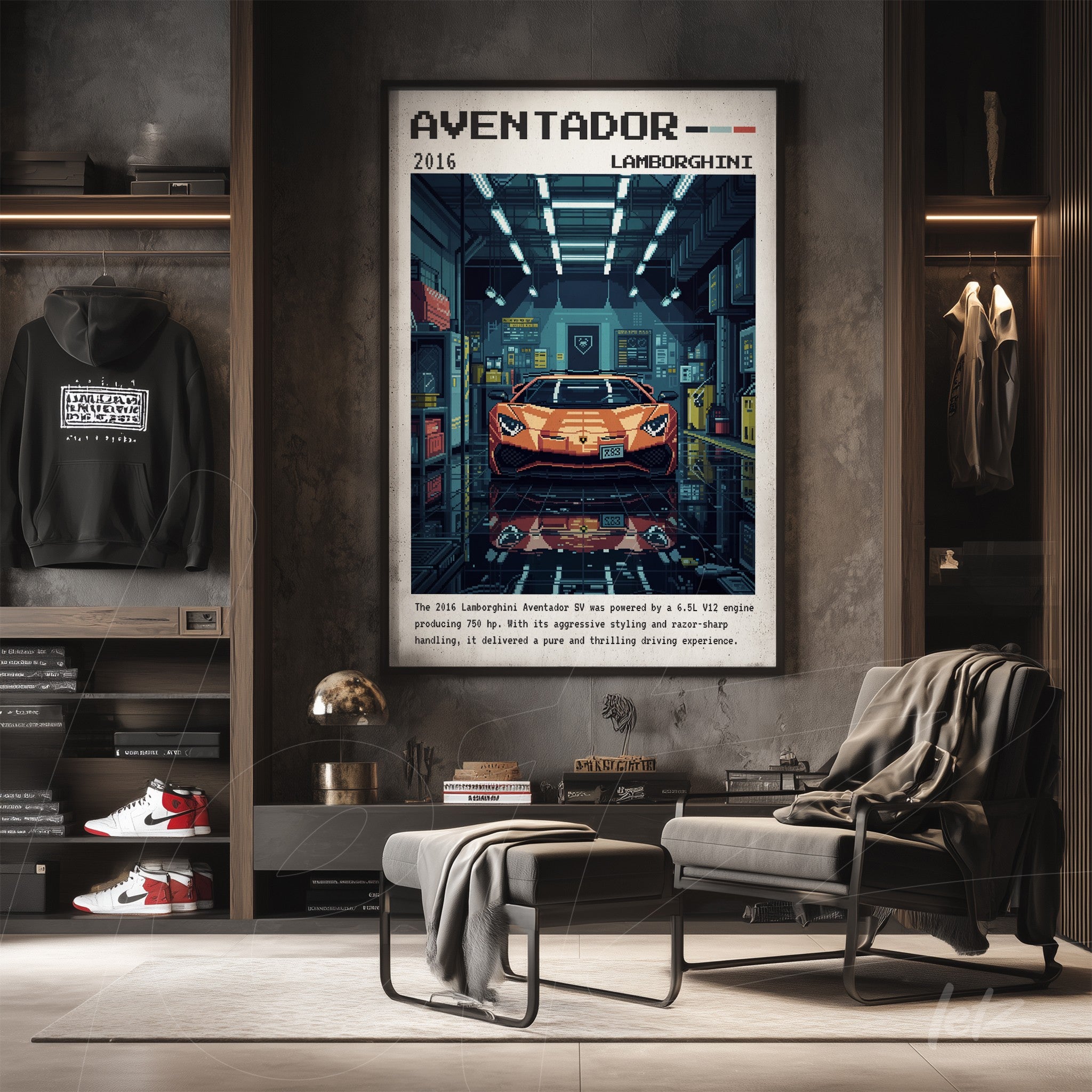 quadro em estilo retro mostrando o carro Lamborghini Aventador em uma garagem moderna com moldura escura