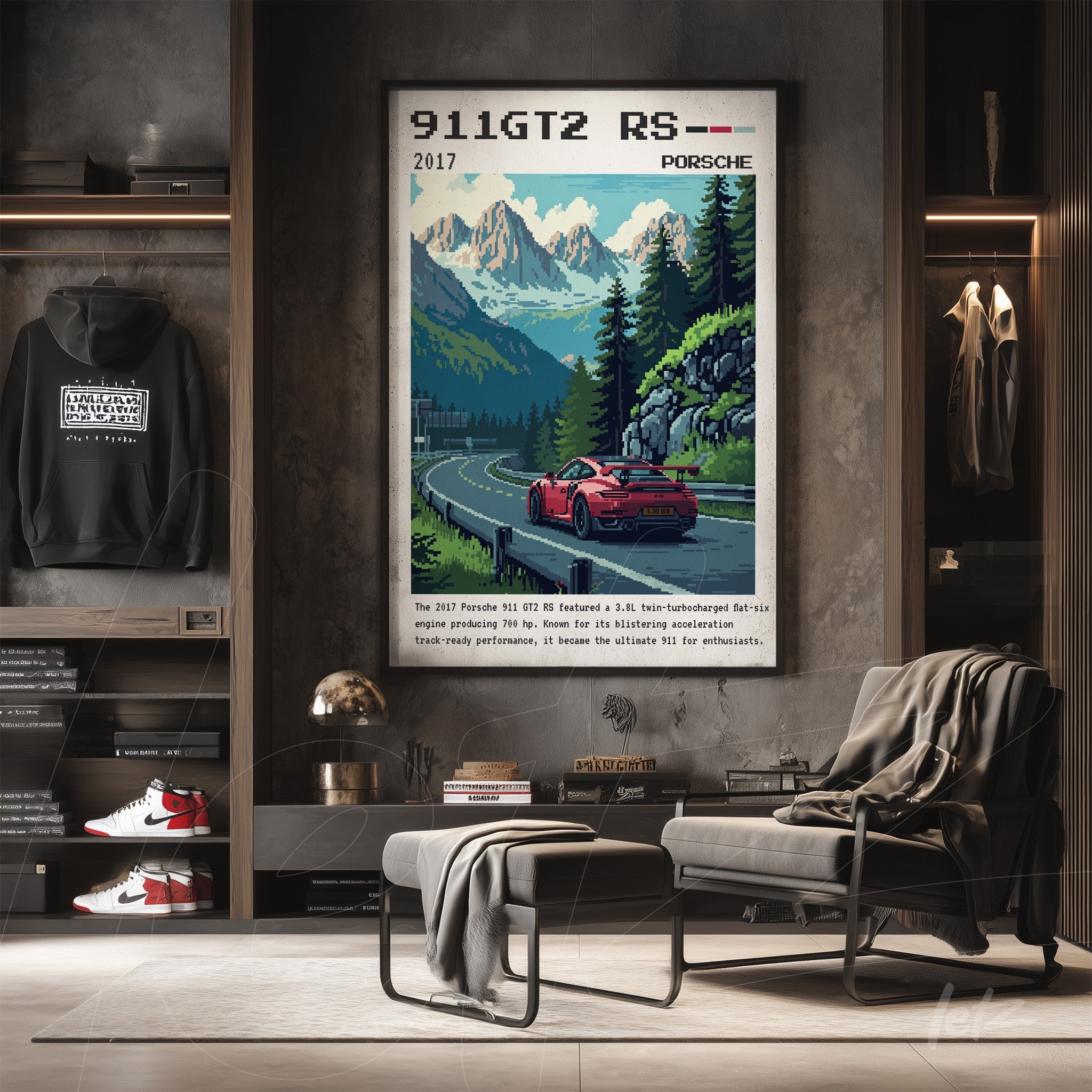 quadro com arte de carro esportivo Porsche 911 GT2 RS em estilo retrô, exibido em parede cinza com detalhes da montanha ao fundo