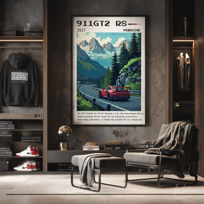 quadro com arte de carro esportivo Porsche 911 GT2 RS em estilo retrô, exibido em parede cinza com detalhes da montanha ao fundo
