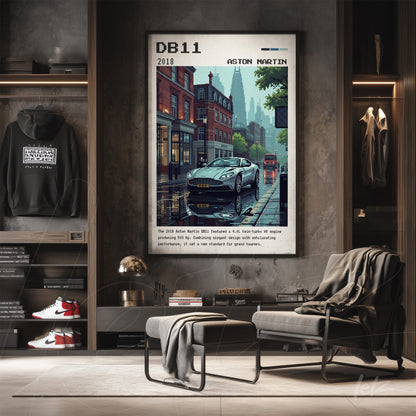 quadro emoldurado com ilustração do carro Aston Martin DB11 em cenário urbano com edifícios ao fundo