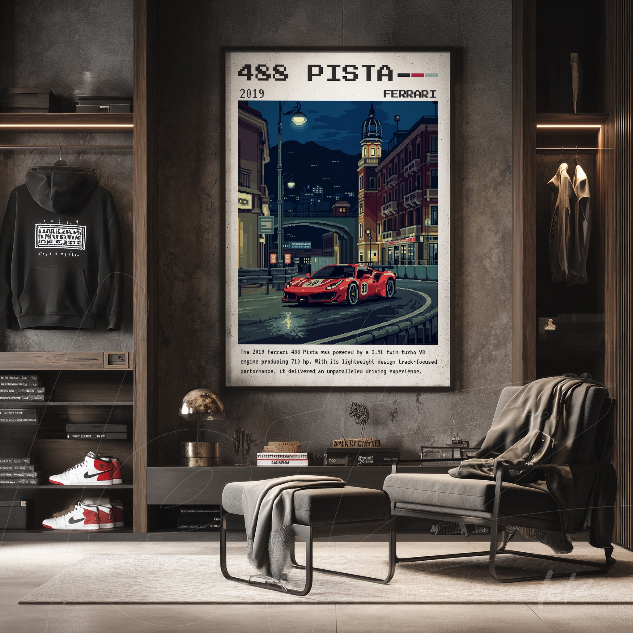 quadro com arte digital do carro Ferrari 488 Pista em estilo retrô, exibido em parede escura com detalhes de ambiente urbano