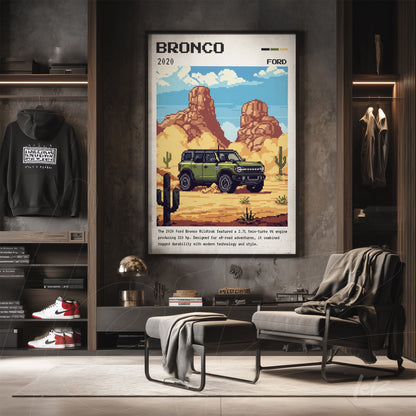 quadro com arte pixelada do Ford Bronco 2020 em ambiente rústico com parede de madeira