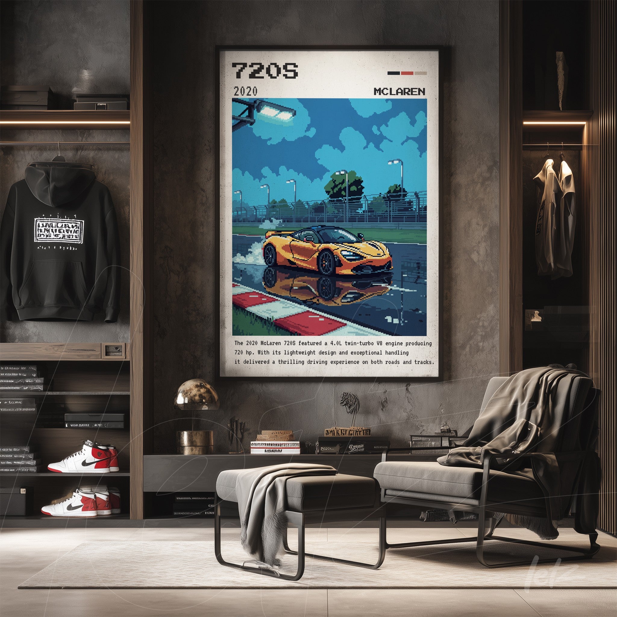 quadro com arte digital de carro esportivo McLaren 720S exposto em parede de tijolos com quadro no estilo retrô