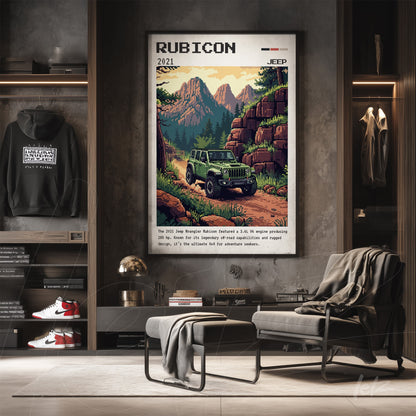 quadro com arte retro do Jeep Rubicon 2021 em moldura vintage, exibido sobre parede de madeira.
