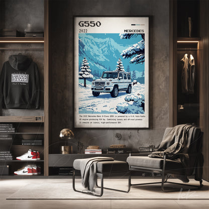 quadro em tela canvas com ilustração vintage do carro Mercedes G550 em uma paisagem de montanha com neve