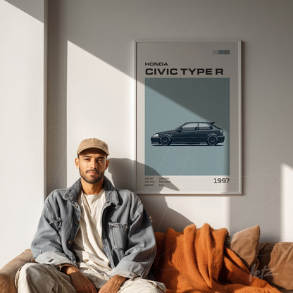 quadro com ilustração do carro Honda Civic Type R em moldura branca, exibido em ambiente minimalista com sofá marrom e cobertor laranja