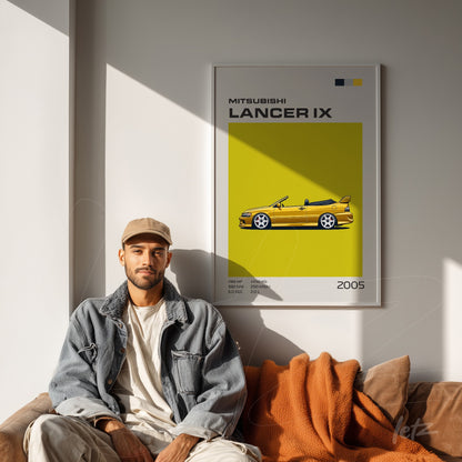 quadro de arte com ilustração do carro Mitsubishi Lancer IX em fundo amarelo vibrante, exido sobre sofá marrom