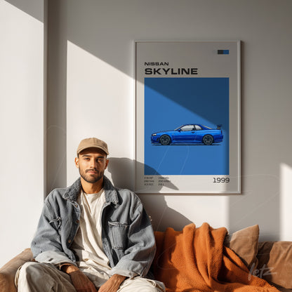quadro com arte digital de um carro Nissan Skyline azul em moldura branca sobre parede cinza