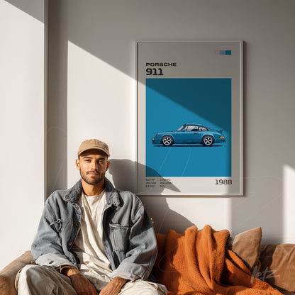 quadro com arte minimalista do carro Porsche 911 em moldura branca sobre parede clara