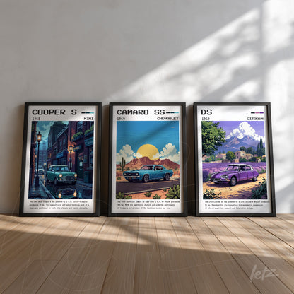 composição de quadros com ilustrações vintage de carros clássicos, destacando um Mini Cooper S de 1968, um Camaro SS de 1969 e um Citroën DS de 1955, todos em molduras pretas sobre fundo claro