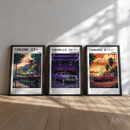 série de quadros decorativos retratando carros clássicos com fundo colorido e moldura preta, incluindo Ford Torino GT de 1965, Chevrolet Chevelle SS de 1971 e Dodge Charger R/T