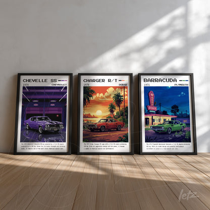 série de quadros decorativos apresentando carros clássicos da década de 1970 com fundo colorido e molduras pretas, incluíndo Chevrolet Chevelle SS, Dodge Charger R/T e Plymouth Barracuda