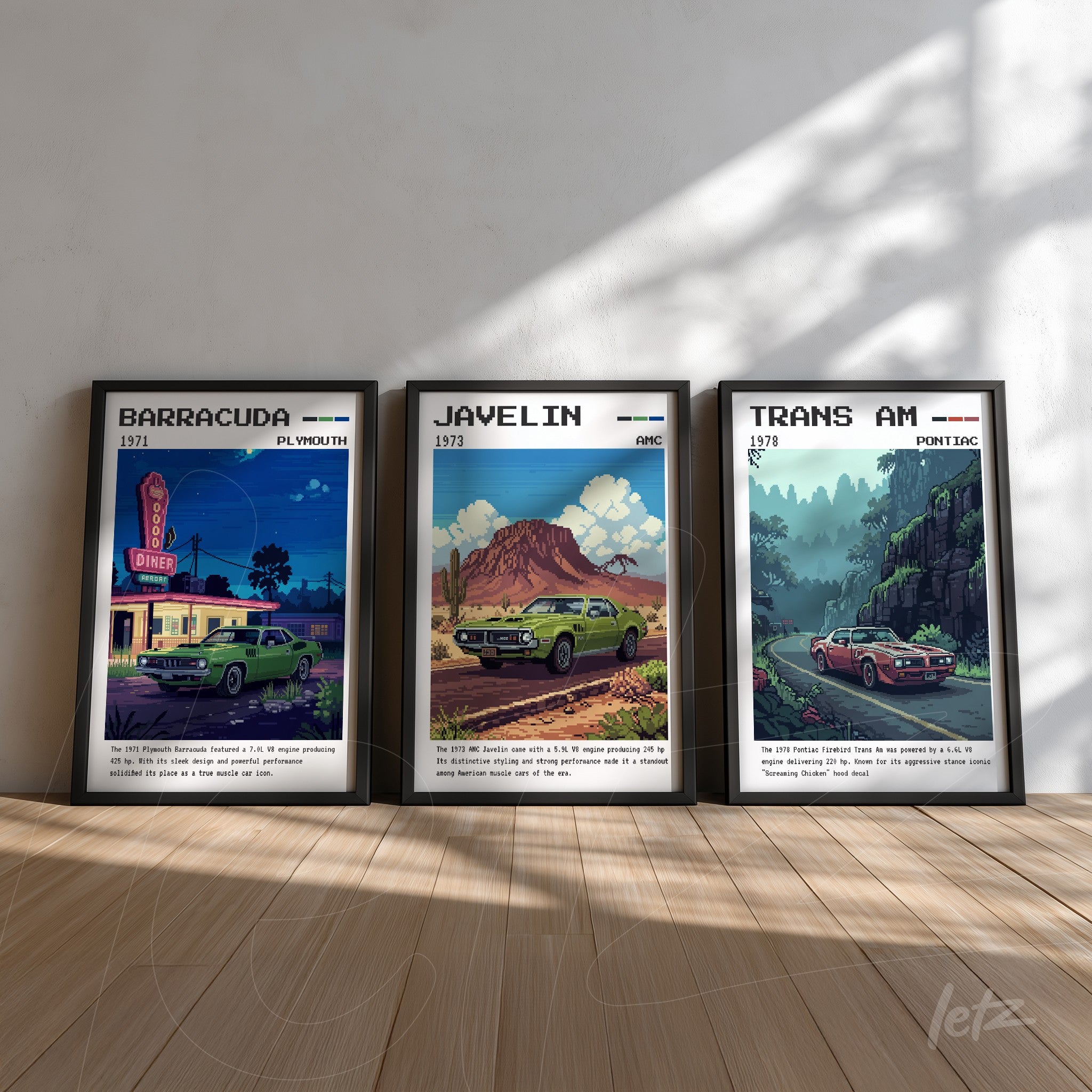 série de quadros decorativos retratando carros clássicos: Barracuda de 1971 em um diner, Javelin de 1973 em ambiente montanhoso e Trans Am de 1979 em estrada sinuosa, todos em moldura preta robusta