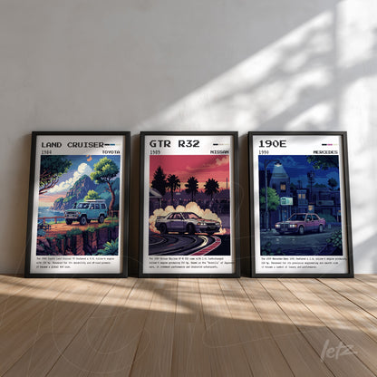 série de quadros com ilustrações de carros clássicos, incluindo um Toyota Land Cruiser de 1984, um Nissan GTR R32 e um Mercedes 190E de 1990, todos em moldura preta e fundo claro