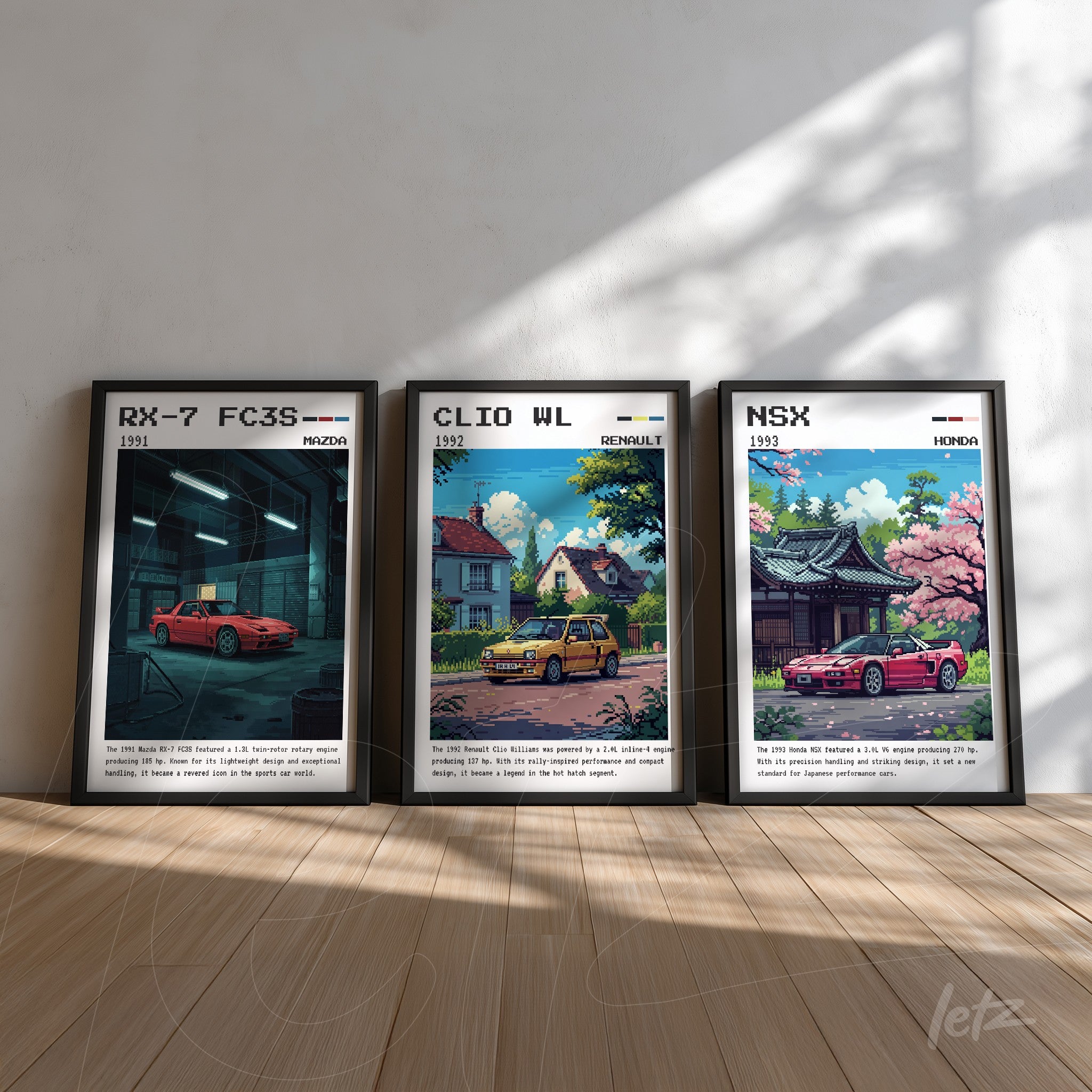 composição de quadros com carros clássicos, incluindo RX-7 FC3S em ambiente urbano, CLIO WL em frente à casa e NSX com flores de cerejeira, todos em molduras pretas