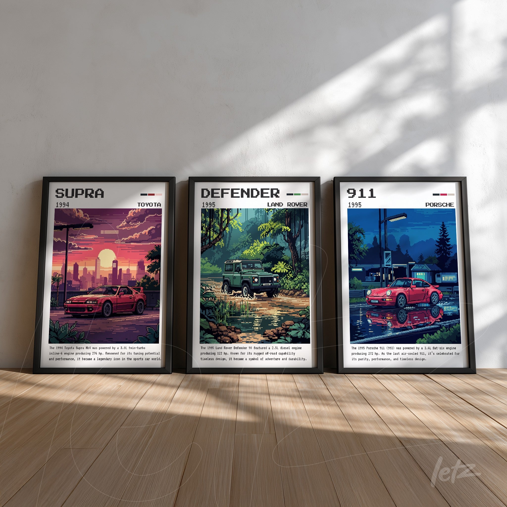 série de quadros com ilustrações de carros clássicos, incluindo Toyota Supra de 1984, Land Rover Defender de 1955 e Porsche 911 em molduras pretas
