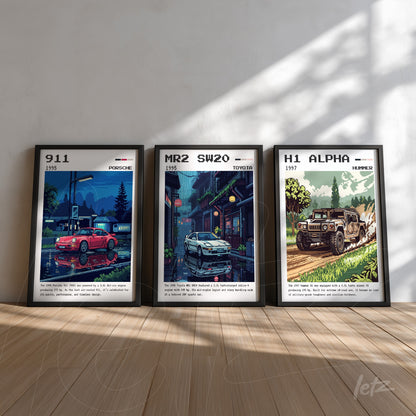 série de quadros com ilustrações de carros clássicos, incluindo um Porsche 911 de 1955, um Toyota MR2 SW20 e um Hummer H1 de 1997 em molduras pretas sobre parede branca