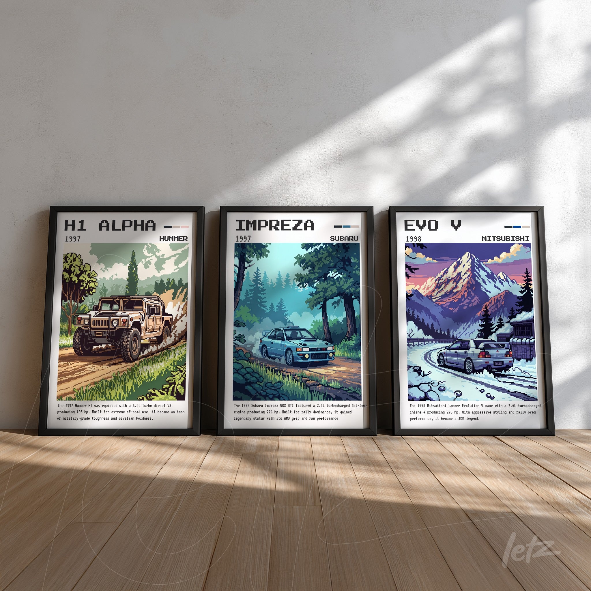 composição com quadros de carros vintage em molduras pretas, incluindo H1 Alpha da Humvee, Impreza da Subaru e EVO V da Mitsubishi, sobre fundo de madeira clara