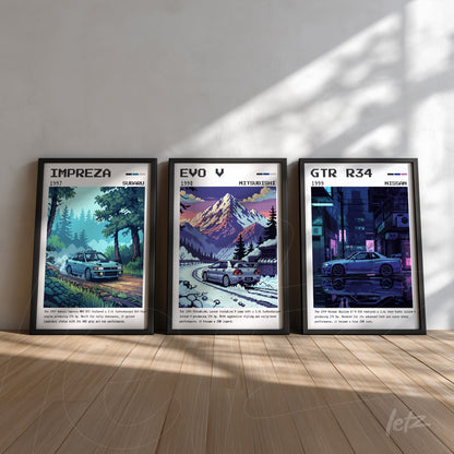 coleção de quadros com ilustrações de carros clássicos, incluindo Subaru Impreza de 1997, Mitsubishi Evo V de 1995 e Nissan GTR R34 de 1999, todos com moldura preta e fundo claro