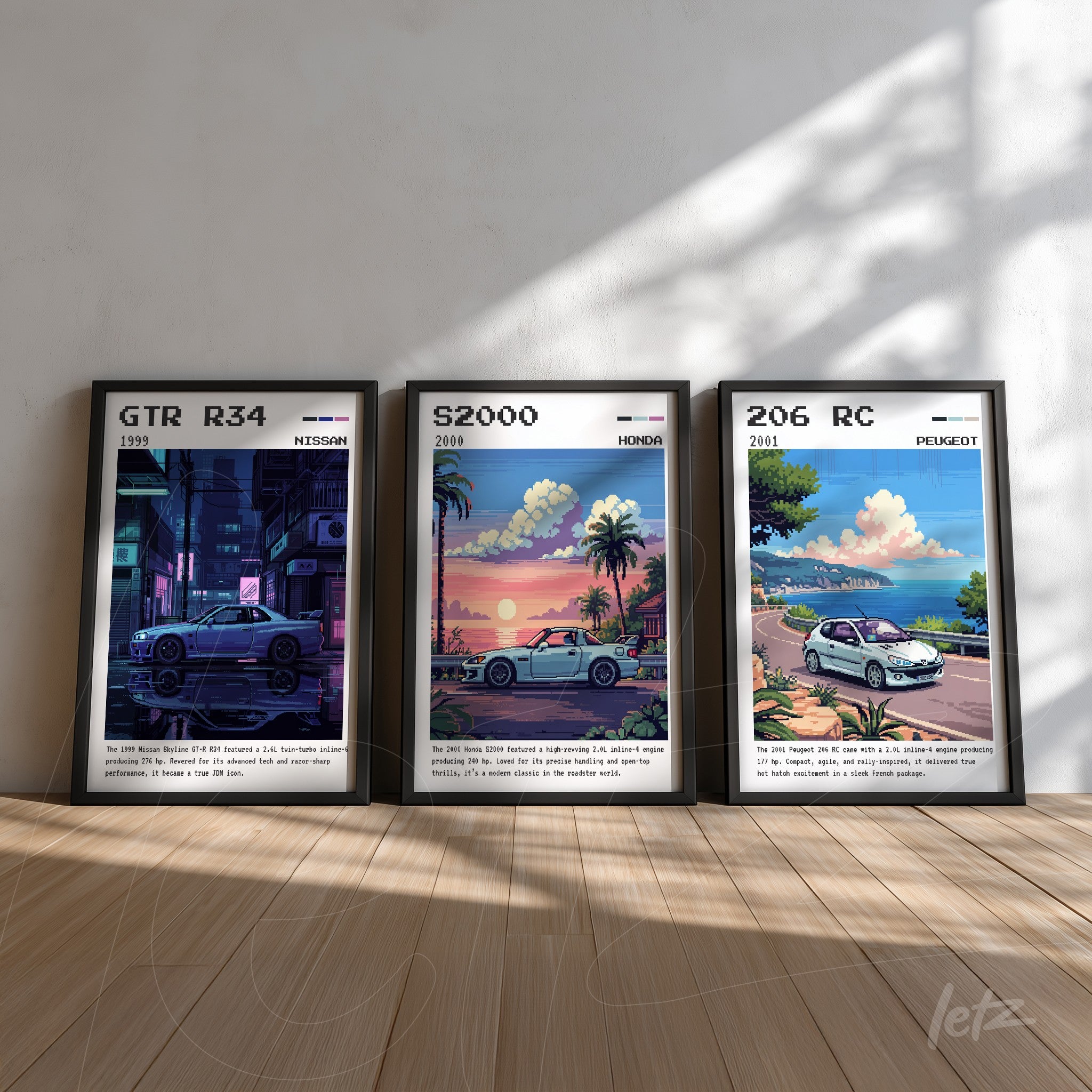 coleção de quadros com ilustrações de carros esportivos em molduras pretas, incluindo Nissan GTR R34, Honda S2000 e Peugeot 206 RC em fundo de parede clara
