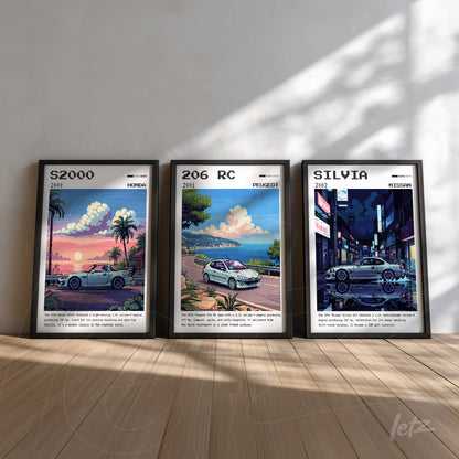 composição com três quadros em moldura preta, cada um apresentando um carro icônico: S2000 da Honda sob um céu cor-de-rosa, 206 RC da Peugeot em um cenário costeiro e Silvia da Nissan em um ambiente urbano iluminado à noite