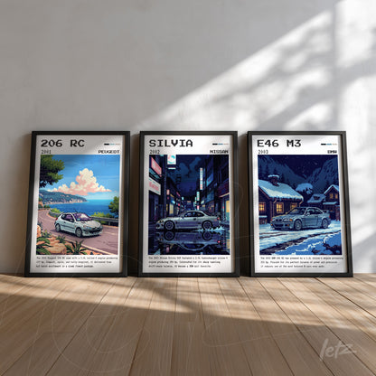 composição de quadros exibindo carros estilizados, incluindo 206 RC da Peugeot em cenário à beira-mar, Silvia da Nissan em ambiente urbano à noite e E46 M3 da BMW em rua nevada, todos com moldura preta e textos informativos