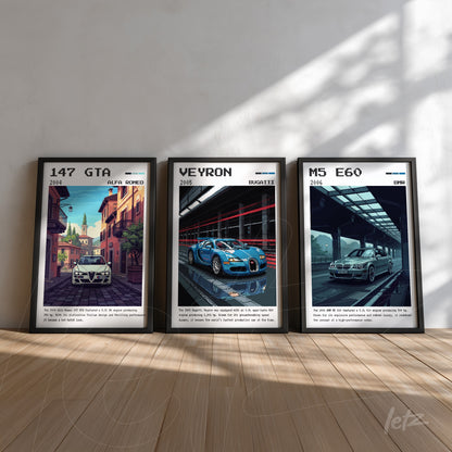 composição de três quadros decorativos com ilustrações estilizadas de carros, incluindo Alfa Romeo 147 GTA, Bugatti Veyron e BMW M5 E60, todos em molduras pretas sobre parede clara