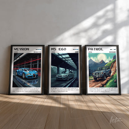composição de quadros decorativos com três veículos icônicos: Bugatti Veyron, BMW M5 E60 e Nissan Patrol, todos em molduras pretas sobre piso de madeira
