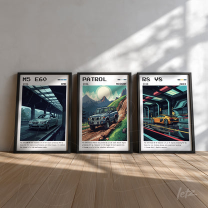 coleção de quadros com ilustrações de carros clássicos em molduras pretas sobre parede clara