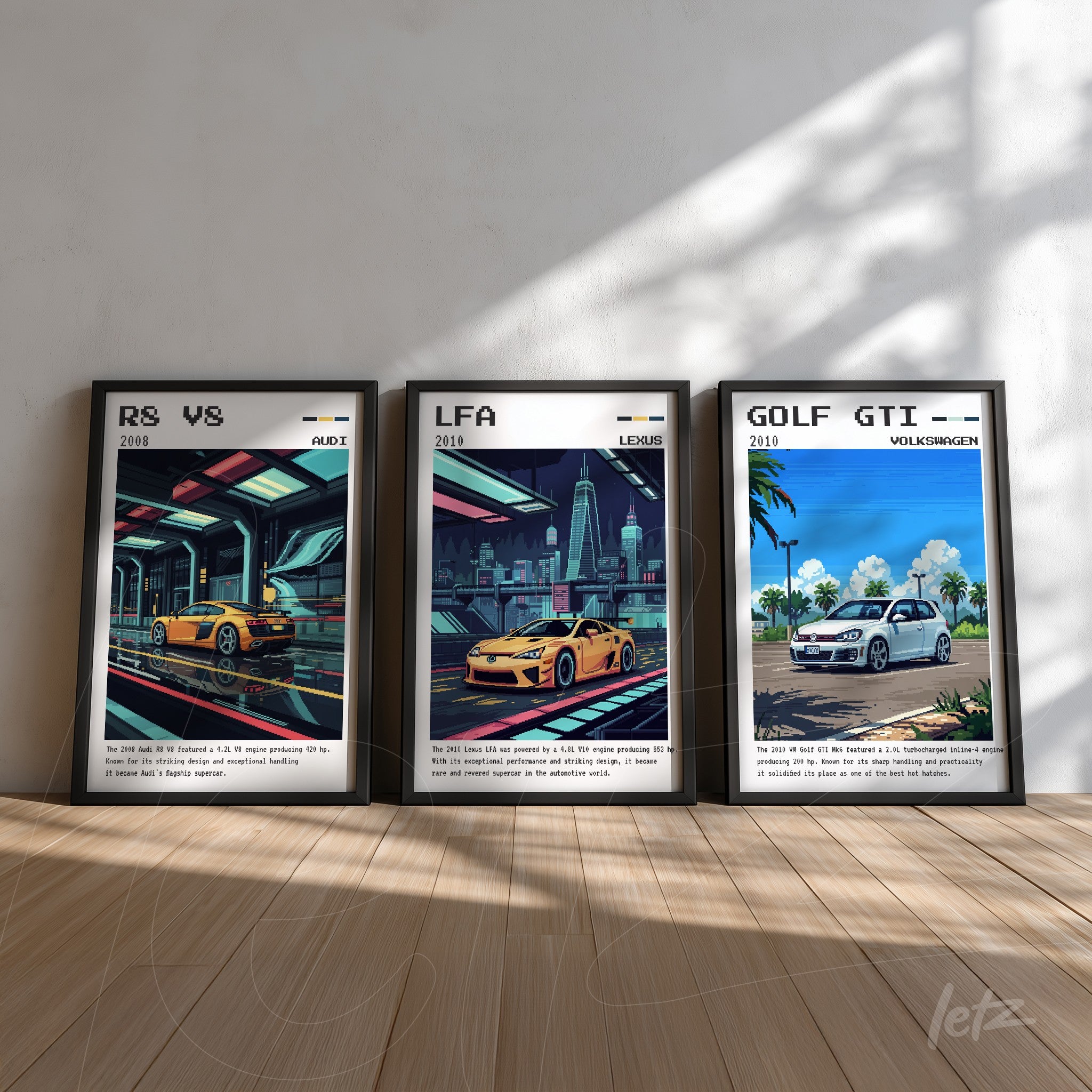composição de quadros com ilustrações de carros esportivos, incluindo Audi R8, Lexus LFA e Volkswagen Golf GTI, todos em molduras pretas sobre fundo de parede clara