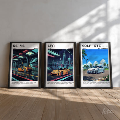 composição de quadros com ilustrações de carros esportivos, incluindo Audi R8, Lexus LFA e Volkswagen Golf GTI, todos em molduras pretas sobre fundo de parede clara
